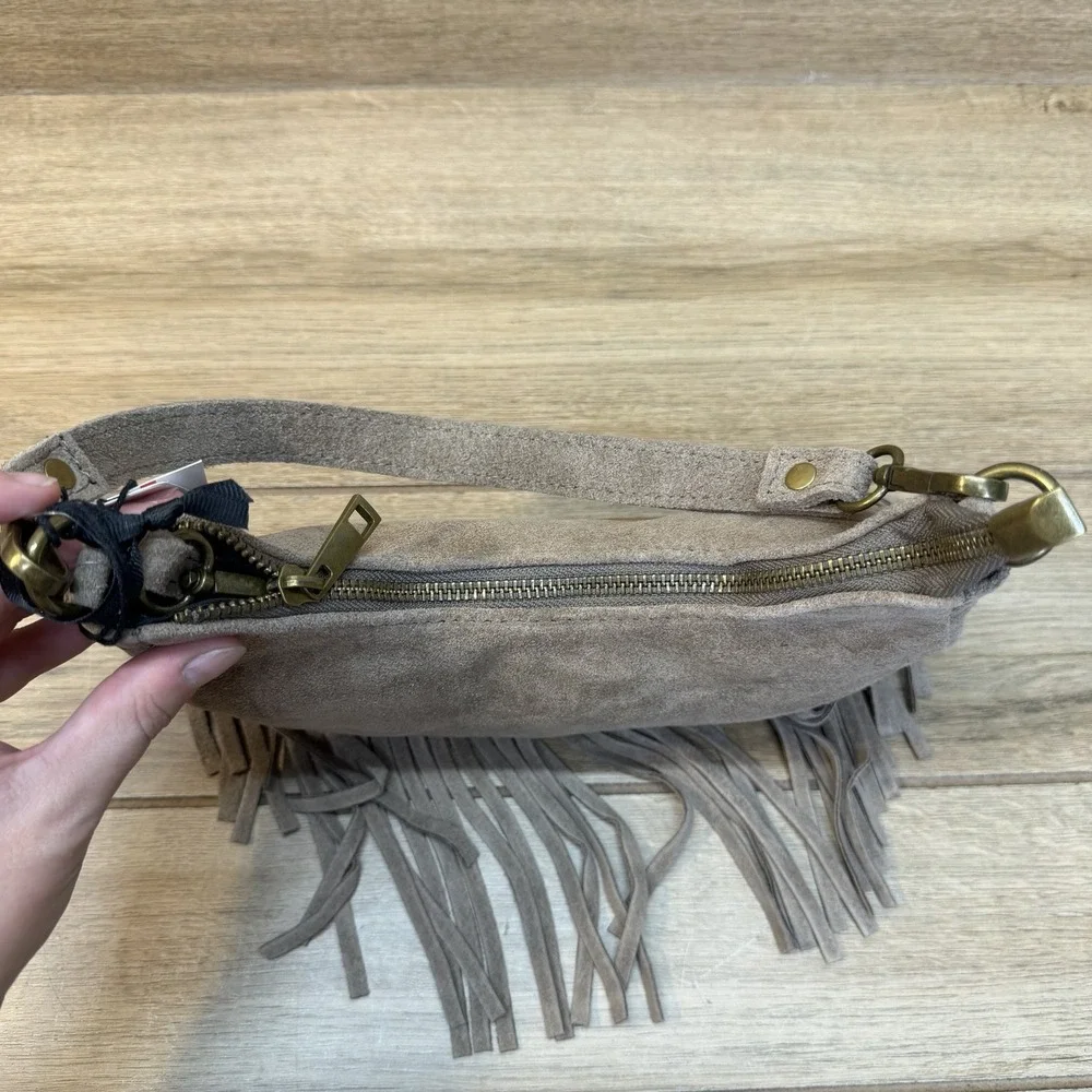 Marlon Firenze Italy Taupe Suede Crescent Shoulder Crossbody Bag Fringe Boho